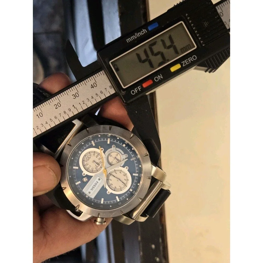 Fossil Blue Dial Chronograph Watch with Black Strap and Yellow Accents